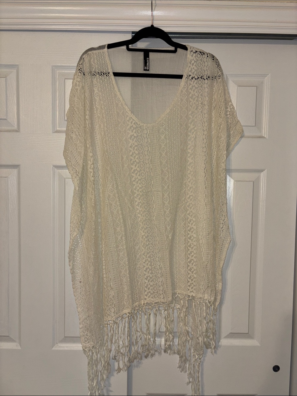 Lace Fringe V-Neck Cover-Up Top - Cream